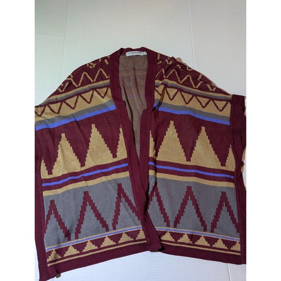 Cotton Emporium Southwest Poncho Open Cardigan Cape M Red Tan Side Buttons USA - Picture 1 of 6